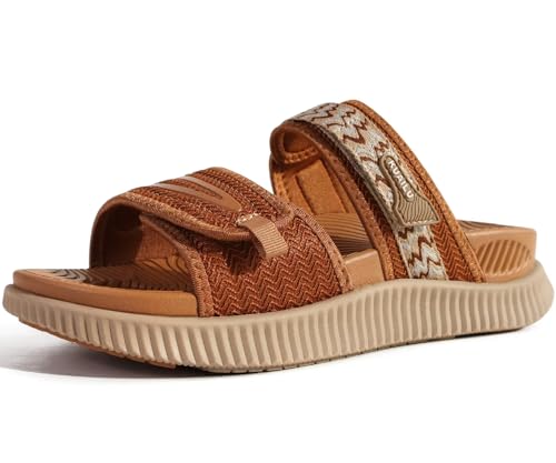 KuaiLu Womens Orthotic Slides Athletic Thick Cushion Recovery Sandals Adjustable Open Toe Slip On Yoga Mat Walking Ladies Sport Sandles Comfortable Plantar Fasciitis Arch Support Tan Khaki Size 8.5