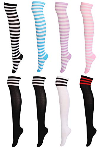 FIBO STEEL 6-8 Pairs Long Thigh High Socks for Women Striped Knee High Leg Warmers