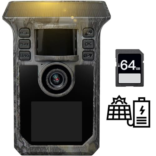 Hrivcam Trail Camera 4K 64MP Solar Game Camera with 5000mAh Forever Power, 64GB Memory Card and Ip67 Waterproof Angle Night Vision for Wildlife Deer Outdoor Trail Cam, Monitoring Trail Cameras