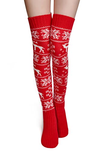 Image of Pcavin Thigh High Socks for Women Cable Knit Over the Knee Boot Socks, Long Warm Leg Warmers Winter(Red Christmas1)