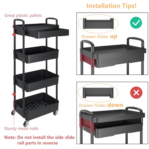Image of Calmootey 4-Tier Utility Cart with Drawer & Wheels, Storage for Home,Office | Space-Saving Organizer, Sturdy Plastic Shelves, Smooth-Rolling Metal Wheels, Built-in Drawer for Small Items, Black