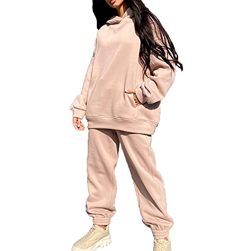 Women 2 Piece Jogger Set Long Sleeve Hoddie Sweatshirt Oversized Pullover Matching Sweatpants Tracksuit for Teen Girl (Beige, L)