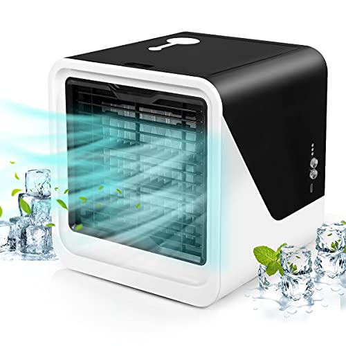 Personal Air Conditioner, Portable Air Cooler, Mini Air Cooler, 4 in 1 Personal Evaporative Cooler, Humidifier, Purifier with 7 Colors LED Light, 3 Speed Desktop Cooling Fan for Home, Room, Office