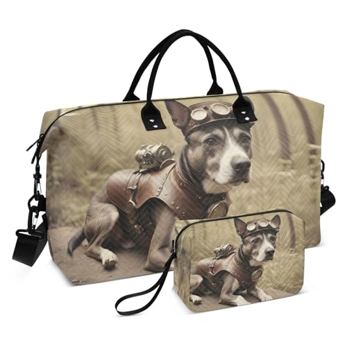 Large Travel Duffel Bag, Steampunk Dog Sports Tote Gym Bag, Shoulder Weekender Overnight Bag for Women Men, Carry On Luggage with Toiletry Bags