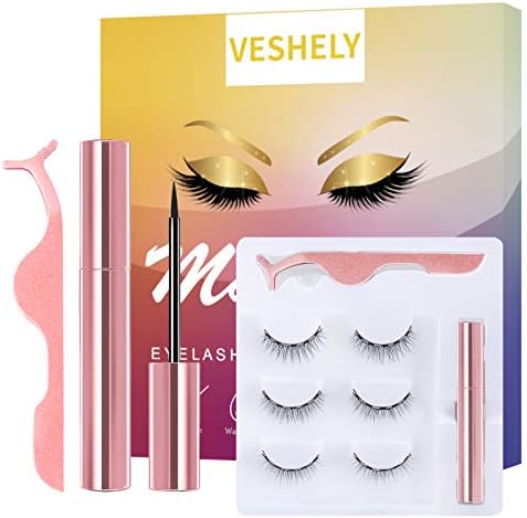 VESHELY Natural Magnetic Eyelashes with Eyeliner,3 Pairs Natural Look False Lashes Kit,3D Short Magnetic Eyelash Set - No Glue Needed
