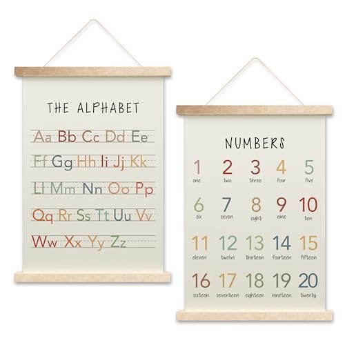 Image of HEZNZXQ Alphabet Poster Hanging Flag, Number Chart Canvas Wall Art For Playroom Homeschool, ABC Chart Nursery Poster Hanger, Set Of 2 Educational Posters For Toddlers, Boho Classroom Decor, 02