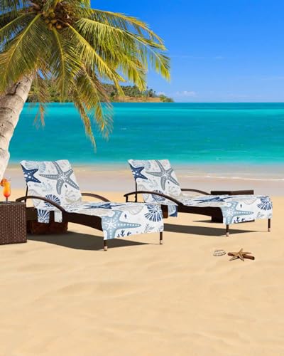 Starfish Blue Beach Chair Cover with Side Pockets, Microfiber & Quick Dry Pool Chaise Lounge Chair Towels Covers for Sun Sunbathing Patio Garden Hotel, Coastal Conch Ocean Coral Fish Brown