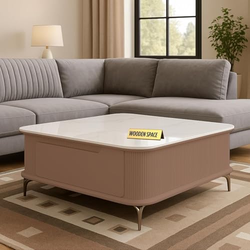 Image of WOODEN SPACE Premium Solo Marble-Top Wooden Center Table for Living Room | Iron Legs | PVD Coating | Modern Entryway Furniture | Coffee Table (Pink)