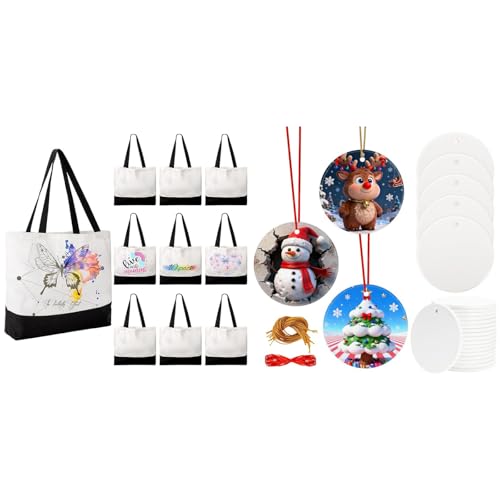 Joyclub Bundle of 10 Pack Sublimation Tote Bags Blanks with Long Handle and 25 PCS 3'' Ceramic Sublimation Christmas Ornaments