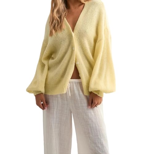 HYxwrjoker Womens Open Front Cardigan Sweaters Solid Color Long Sleeve V Neck Button Down Loose Sweater