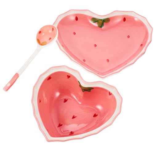EXQUIMEUBLE ハート型イチゴデザイン 家用サービングプレート 食品用スプーン付き サラダ デザート スナック向け耐久性テーブルウェア