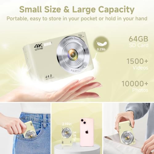 Image of Digital Camera for Teens, 4K 44MP FHD 16x Zoom Point Shoot Camera 64GB Card | Autofocus, Fill Light, Webcam Mode, Continuous Shooting, Time-Lapse, Filters, Easy Operation, Ideal for Beginners Kids