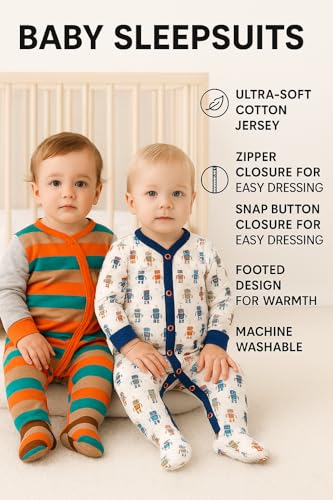 Image of TuddyBuddy 100% Cotton Multi Color Zipper Romper Sleepsuit /Romper /Jumpsuit for Baby Boy & Baby Girl