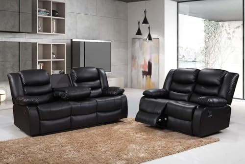 MNS - Leather Recliner Sofa with Cupholders - 3+2 Seater Sofa - Black (3+2 Seater) - Image 2