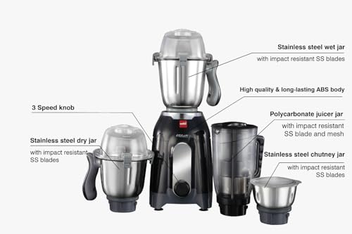 Image of CELLO Discovery Pro Juicer Mixer Grinder For Kitchen 1000 Watts Black | 3 Steel Jar with 1 Juicer Jar Powerful Copper Motor, 3 Speed Settings | Ideal for Blending Juicing Grinding | 5 Years Warranty