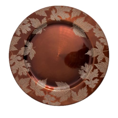 KK Decorative Copper Charger Plate with Etched Maple Leaf Pattern, Metallic Bronze, Fall Holiday Table Decor (set of 4)