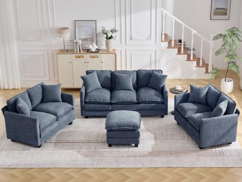 Image of Cloud 4 Pieces Sofa Set, 2+2+3 Seater Couch+1 Ottoman, Modern Sofas Sets with Deep Seat, Modular Sectional Couches Sets for Living Room, Bedroom, Small Apartment, Blue