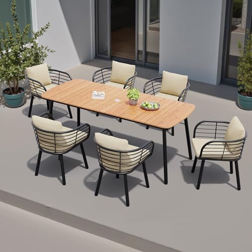 Crestlive Product Outdoor Dining Set for 6, 70in Patio Table and Barrel Rattan Chairs with Cushion and Umbrella Hole All-Weather Aluminium 7 Piece Patio Dining Set for Garden Backyard Poolside, Beige