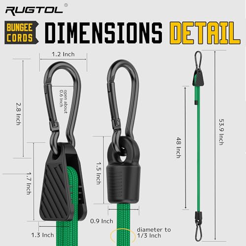 Image of Bungee Cords with Hooks, 48 Inch Adjustable Green Bungee Cords with Carabiner Heavy Duty Outdoor, 8mm Thick Easy to Adjust Bungee Rope UV Resistant for Truck Bed, Bike Rack, Trash Can, Moving, 6 Pack