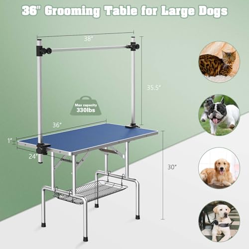 Image of Lyromix 36'' Stainless Steel Pet Dog Grooming Table, Arm /Noose /Tray, Blue