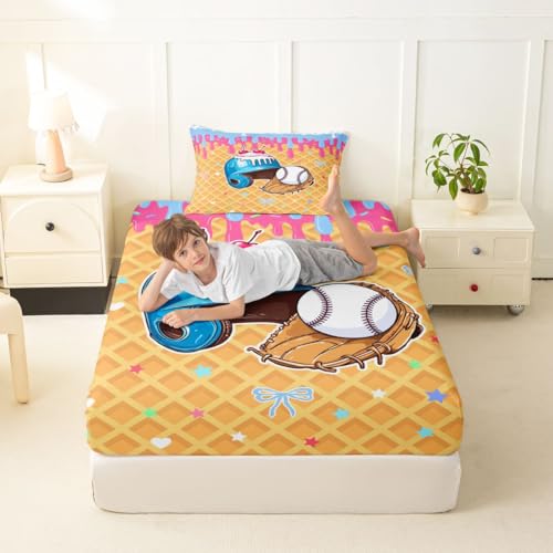 Image of Castle Fairy Girls Baseball Bed Sheets Twin Size,Kawaii Sport Bowknot Plaid Easy Wash Bedding Set,Ice Cream Drip Dessert Kids Room Decor,Bule Yellow Sheet(Fitted+Flat+1 Pillowcase)