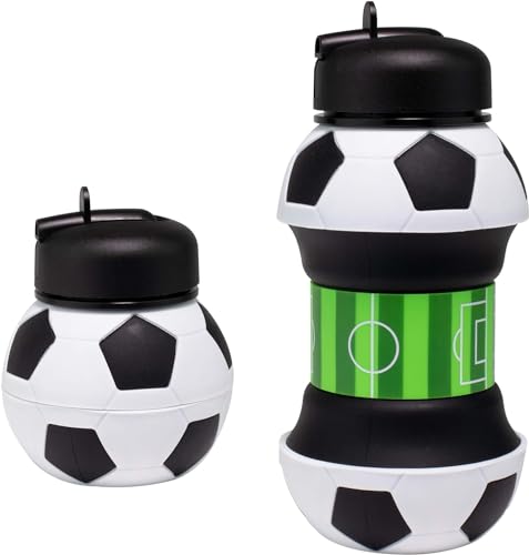 Shalwinn Botella de Agua Plegable para Niños y Niñas sin BPA,550ml Futbol Botella de Agua Silicona,Cantimplora Infantil para Camping, Deporte Balón de Agua Compacto para Regalo （Futbol）