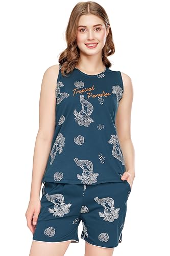 ZEYO Night Suit for Women's Teal Green Floral & Cheetah Printed Cotton Night Dress of Top and Short's Set 5737