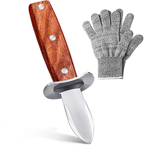 SOLEADER Oyster Shucking Knife Shucking Gloves Kit Heavy Duty Clam Shucker Shellfish Tool Full-Tang Blade Non-slip Rosewood Handle With Protective Guard