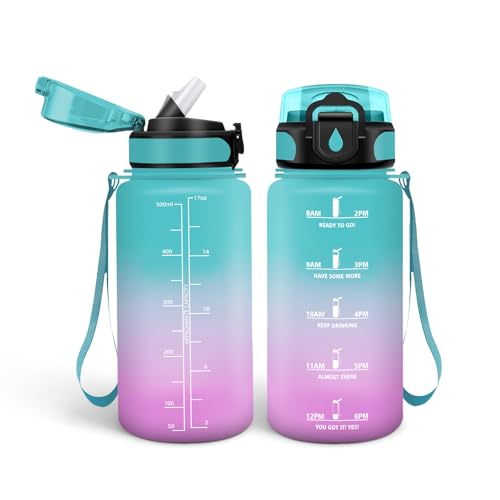 HoneyHolly Gourde Paille, Gourde 500ml, sans BPA & Étanches, Bouteille, Motivation Bouteille d'eau, Avec Marqueur de Temps, Petite Bouteille pour Gym, Ecole, Cyclisme, Plein Air, Sport