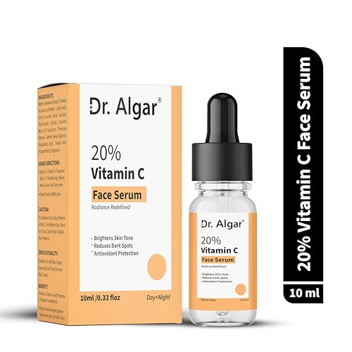 Image of Dr. Algar 20% Vitamin C Serum for Glowing Skin | Vitamin C + Ferulic Acid | Water-Based Formula | Highly Stable Serum for Women and Men | Beginner-Friendly | 10 ml