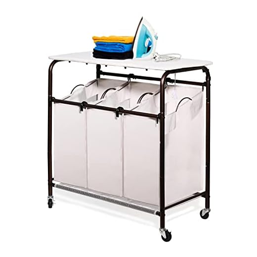 Ollieroo Classic Rolling Laundry Sorter Cart Heavy Duty 3 Bags Laundry Hamper Sorter with Ironing Board (Beige)