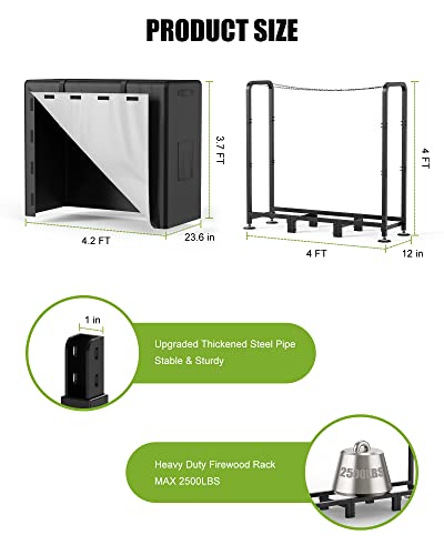 Brightown Firewood Rack Outdoor With Cover, 4Ft Indoor Wood Rack For Firewood, Waterproof Fire Wood Holder Outside, Adjustable Heavy Duty Logs Stand Stacker Holder For Fireplace Patio Deck, Black #TOP5