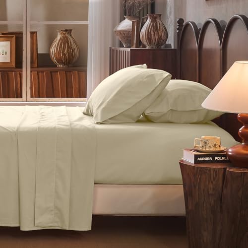 Overket 100% Linen Sheet Set King Size Extra Deep Pocket Fits 18-24 Inch Mattress, Breathable & Soft, Smooth 4-Piece Set for Thick Mattresses Hotel Luxury Bedding（King, Brown Taupe）