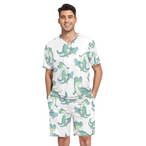 Men's Pajama Set Cartoon Crocodiles Pattern Short Sleeve with Shorts Pockets Sleepwear Set Summer Loungewear