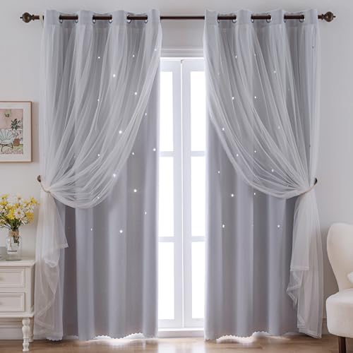 Image of indistar Star Cutout Kids Window Blackout Curtains for Girl Bedroom Window Room Darkening Curtains & Drapes Baby Nursery Curtains (2 Panel,52Wx63L inch,Greyish White)