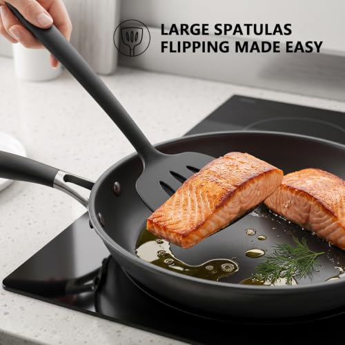 Image of Coukre 3 Pack Silicone Spatula Set, Heat Resistant to 500F, BPA-Free | Fish Spatula, Solid & Slotted Turners, Dishwasher Safe, Spatula Set for Eggs, Pancakes, Fish & Burgers, PureBlack
