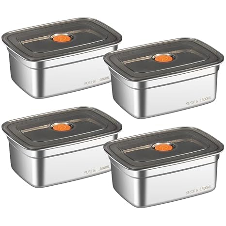 Image of BYKITCHEN SUS 316 Stainless Steel Fridge Storage Containers Leak Proof-Airtight Lids,Kitchen Food Leftover Storage Microwave Safe Reusable Metal Boxes,Dishwasher Safe for Snacks,Fruits (4-PC 1500 Ml)