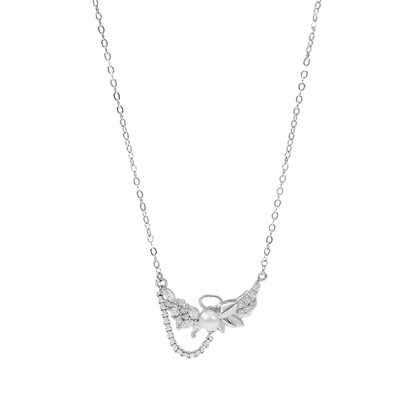 Collana Perla Lunga, Collana Donna Vintage Ciondolo Catenina Gioielli Oro Bianco 9K/14K/18K con Moissanite Foglia 40+5cm