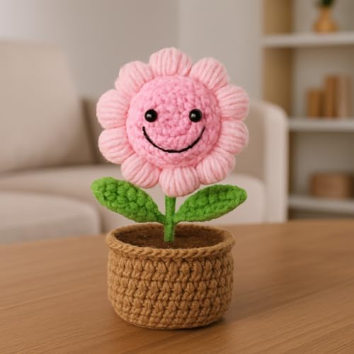 Image of 14CM Height Handmade Crochet Smiling Flower Pot for Home & Office Decor, Cute Aesthetic Desk Showpiece, Positive Vibes Table Decor, Thoughtful Gift for Friends & Loved Ones (Joy Bloom Pink)
