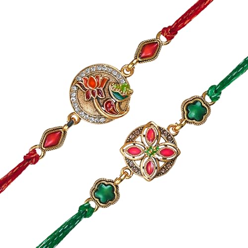 Image of eCraftIndia Green Red Beautiful Lotus Flower Designer Rakhi Set of 2 | Rakhi for Brother Bhaiya Bhai with Best Bro Ever Fridge Magnet | Roli Chawal Pack