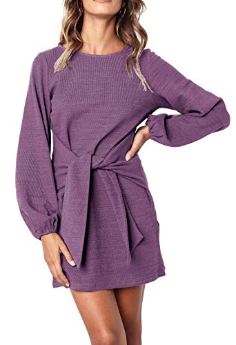 R.Vivimos Women s Autumn Winter Cotton Long Sleeves Elegant Knitted Bodycon Tie Waist Sweater Pencil Dress (XL, Purple)