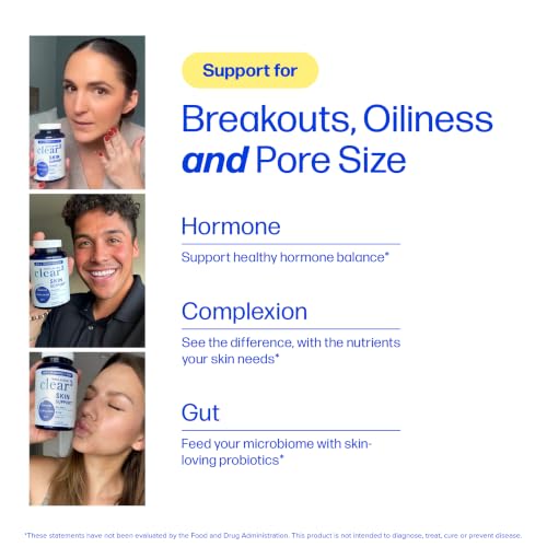 Image of Clear Skin Supplement with Zinc, DIM & Probiotics | Doctor-Formulated | 3-in-1 Hormone, Gut & Complexion Support | Triple Action Hyaluronic Acid & Vitamins for Skin Balance & Glow Support | 120 Ct