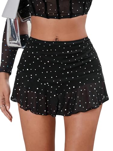 MakeMeChic Women's Rhinestone A Line Mini Skirt Ruffle Ruched Drop Waisted Club Skirts