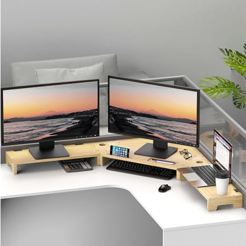 Estante para monitor esquinero con gestión de cables y fácil montaje en madera maciza