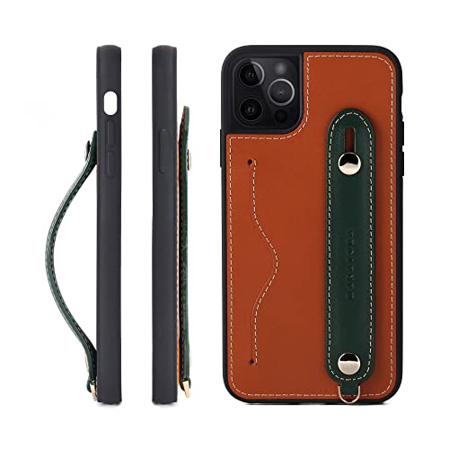 iPhone13 Pro Max ケース 本革 グリップケース レザー ストラップ付属 イタリア製牛革 ヌメ革 片手操作 カード収納 スタンド機能 メンズ レディース ブラウン/グリーン CGH-13ProMax-Brown-GN