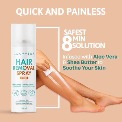 Image of Glamveda Hair Removal Spray with Aloe Vera Extract | Painless Body Hair Remover for Men & Women | Helps Leave Skin Soft & Smooth | Suitable for Chest, Arms, Legs & Underarms | 200 ml