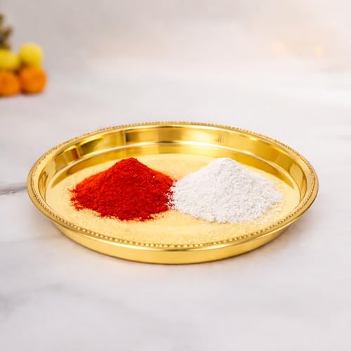 Image of Spillbox Brass Pooja Thali for Mandir Traditional Pital Puja Engraved Aarti Thali for Diya Kumkum Haldi Hindu Prayer Worship Plate for Temple Home Pooja Festival Use[250g]-9inch-Petal Plate
