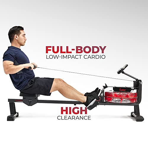 Image of Sunny Health & Fitness Premium Water Rower w /Intensive Dynamic Real-Time Resistance, 300 LB Capacity Flip-able Rowing Machine for Home Training, Optional Free SunnyFit App Connection
