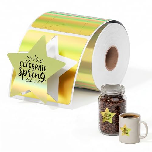 Image of 500 Sheets 3 Inch Golden Star Holographic Thermal Labels, Waterproof Self-Adhesive Direct Thermal Printer Labels for Name Tag, DIY, QR Code, Compatible with MUNBYN,JADENS, ect Printer