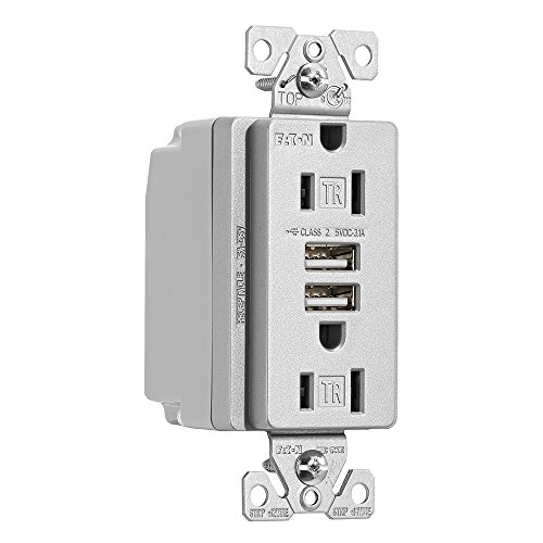 EATON TR7755SG-K-L Combination USB Charger with Tr Duplex Receptacle, Wire Leads, 12-14 Awg, 125 Vac, 15 A, Silver Granite